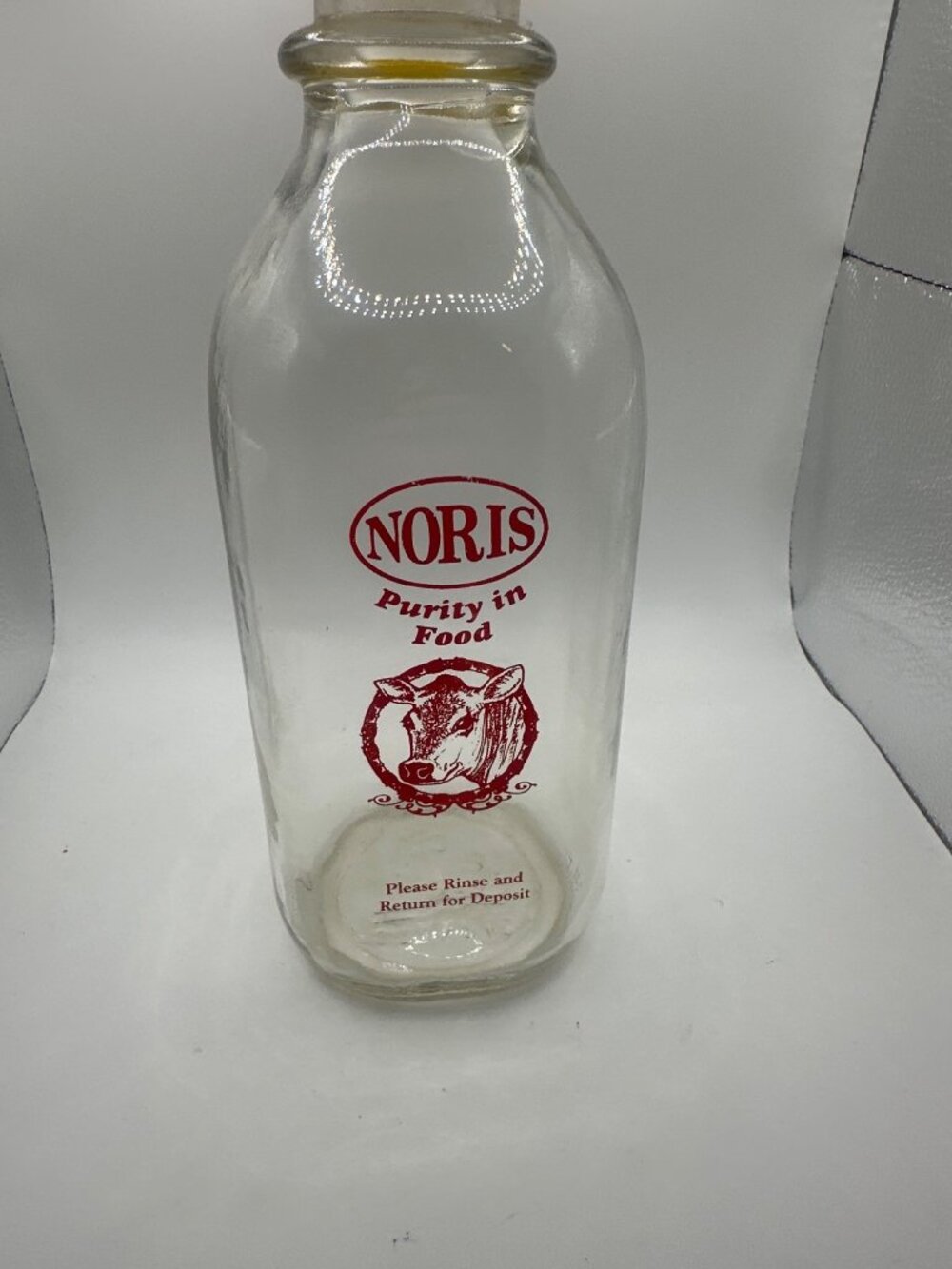 Vintage Noris Glass Milk Bottle With Yellow Cap 32 Oz Returnable Organic Dairy D